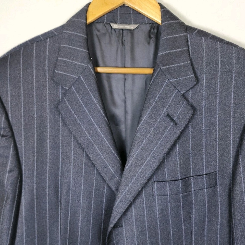 Hickey Freeman Madison Blue Pinstripe Suit Jacket Mens 44R Wool Career Work VTG